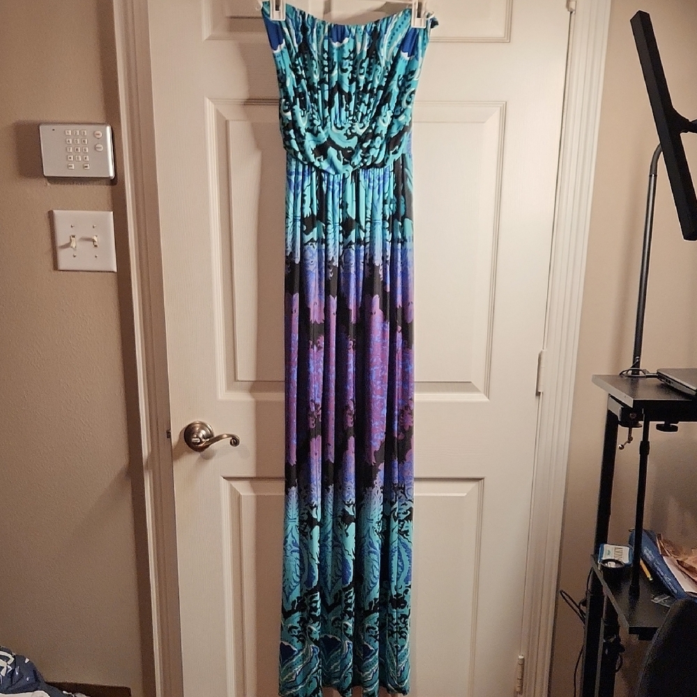 Blue and Purple Strapless Maxi Dress